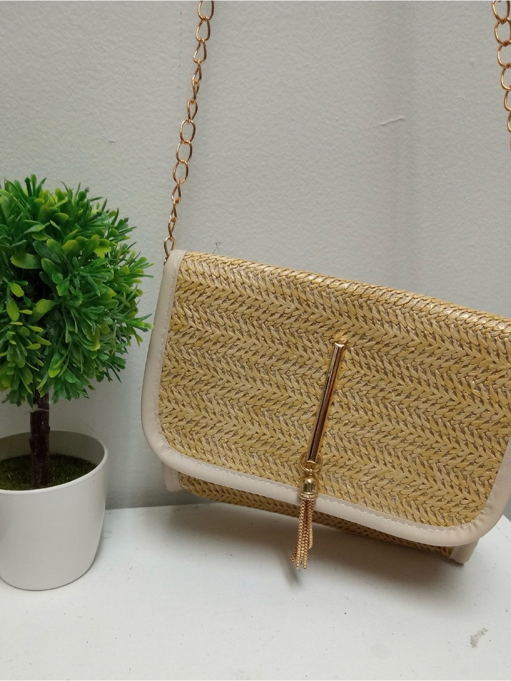 Neutral Woven Straw Crossbody Bag with Gold Accent